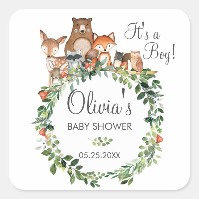 Sticker Carré Russe Baby shower animal Woodland Merci Favoriser (Devant)