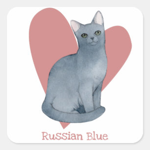 Sticker Carré Russe Bleu Chat Aquarelle Kitty Coeur rose