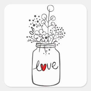 Sticker Carré Russe Floral Mason Jar Fleur Noir Blanc Mariage