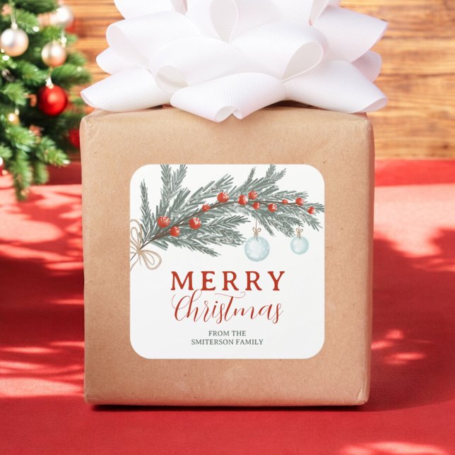 Sticker Carré Russe Rouge Berry À feuillage persistant Branche J (Rustic Red Berry Evergreen Branch Merry Christmas Square Sticker)