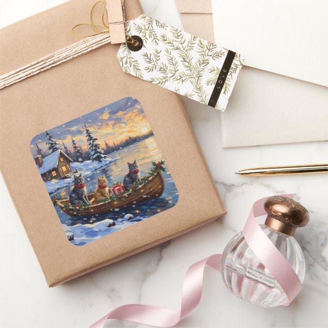 Sticker Carré Russian Blue Cat Christmas Boat Holiday (Cadeaux)