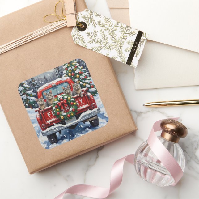 Sticker Carré Russian Blue Cat Christmas Red Truck Holiday (Cadeaux)