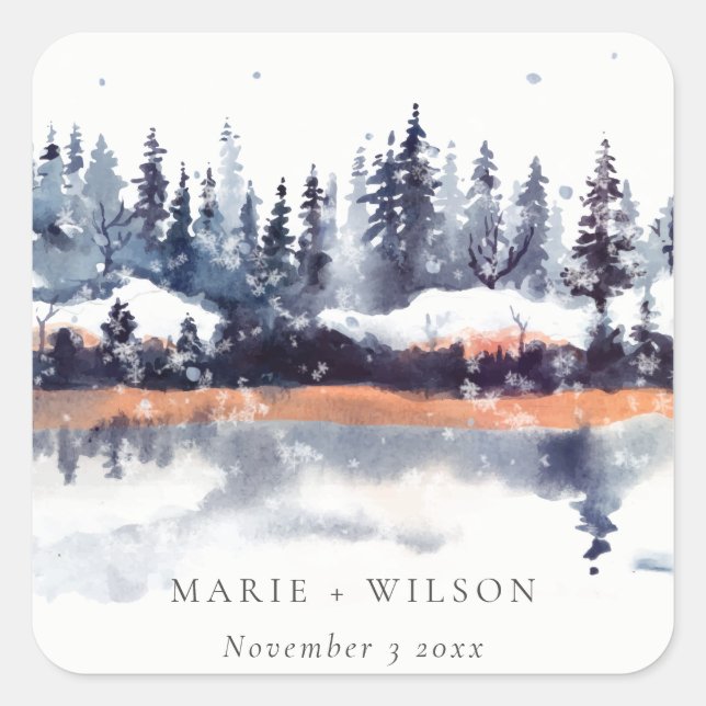 Sticker Carré Rust Navy Winter Pine Forest Mariage de neige (Devant)