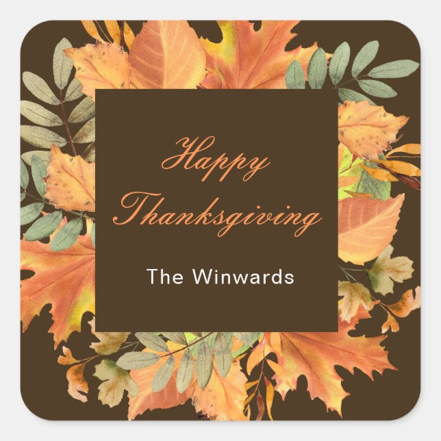 Sticker Carré Rustic Autumn Fall Leaves Square Thanksgiving  (Devant)