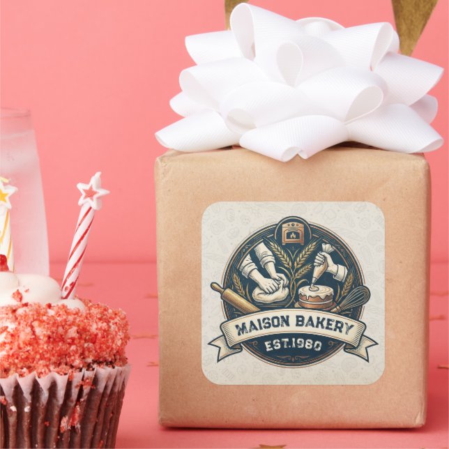 Sticker Carré Rustic Bakery Store Pastry Dessert Sweet Cake Shop (Fête)