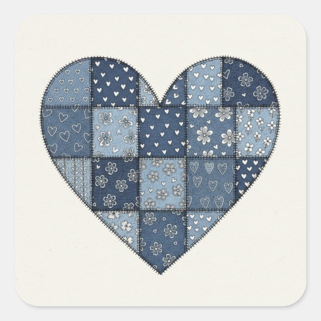 Sticker Carré Rustic Blue Denim Patchwork Heart Illustration (Devant)
