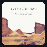 Sticker Carré Rustic Boho Watercolor Mariage paysage du désert<br><div class="desc">Rustic Watercolor Desert Landscape Collection de thèmes.- c'est un script élégant aquarelle Illustration de montagnes rocheuses du désert en couleur terreuse, Parfait pour votre destination de désert mariage & fêtes. Il est très facile de customiser, avec vos données personnelles. Si vous avez besoin d'un autre produit correspondant ou de la...</div>