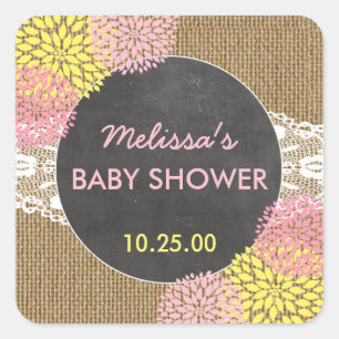 Sticker Carré Rustic Chic burlap rose jaune baby shower en faveu