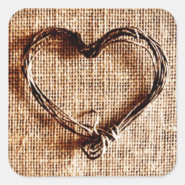 Sticker Carré Rustic Country Twine Heart on Burlap Imprimer (Devant)