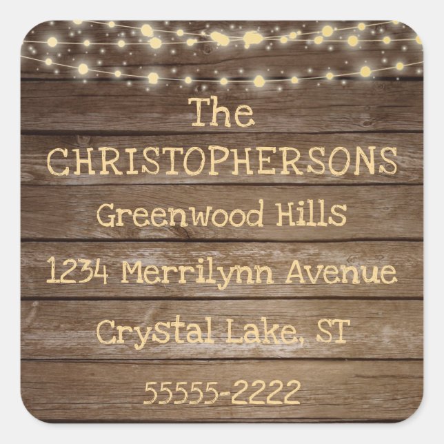 Sticker Carré Rustic Country Wood & String Lights Adresse de ret (Devant)