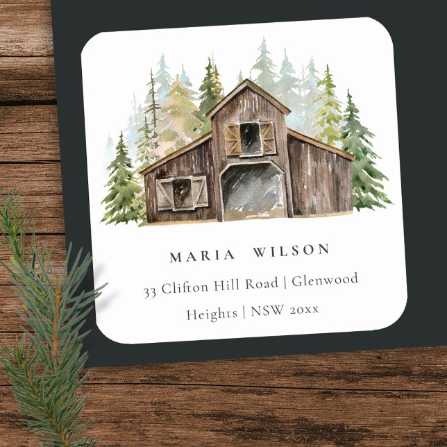 Sticker Carré Rustic Elegant Pine Woods Forest Barnyard Adresse (Créateur téléchargé)