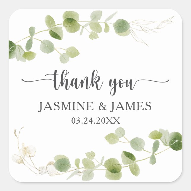 Sticker Carré Rustic Eucalyptus Greenery Wedding Thank You (Devant)