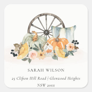Sticker Carré Rustic Fall Citrouille Leafy Floral Wheel Adresse