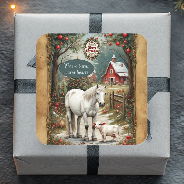 Sticker Carré Rustic Farm Horse Lamb Red Barn Merry Christmas  (Rustic Farm Horse Lamb Red Barn Merry Christmas Square Sticker)