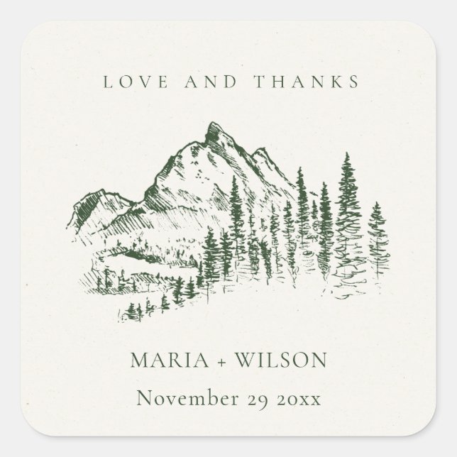 Sticker Carré Rustic Green Pine Woods Mountain Sketch Mariage (Devant)