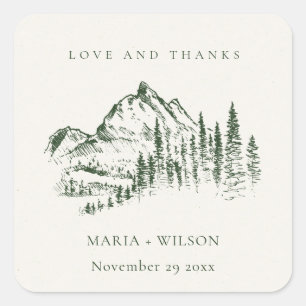 Sticker Carré Rustic Green Pine Woods Mountain Sketch Mariage
