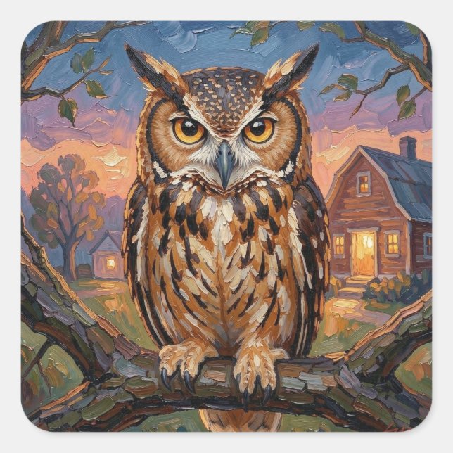 Sticker Carré Rustic Impasto Great Horned Owl  (Devant)
