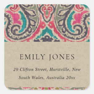 STICKER CARRÉ RUSTIC KRAFT BOHO TRIBAL IKAT PINK ADRESSE TURQUOI