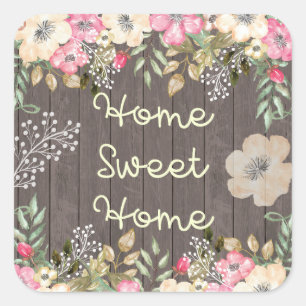 Sticker Carré Rustic Look Home Sweet Home Floral Bois