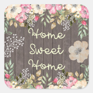 Sticker Carré Rustic Look Home Sweet Home Floral Bois