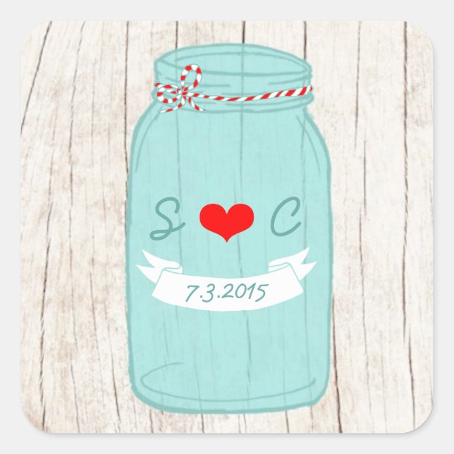 Sticker Carré Rustic Mason Jar sur l'écorce Mariage illustré (Devant)