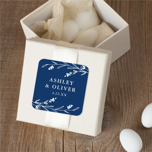 Sticker Carré Rustic Navy Blue Floral Fleur sauvage Mariage Fave (Créateur téléchargé)