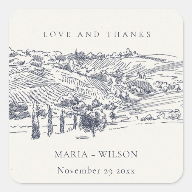 Sticker Carré Rustic Navy Blue Winery Mountain Mariage croquis (Devant)