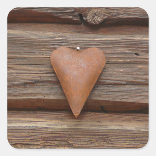 Sticker Carré Rustic Old Heart on Log Cabin Wood