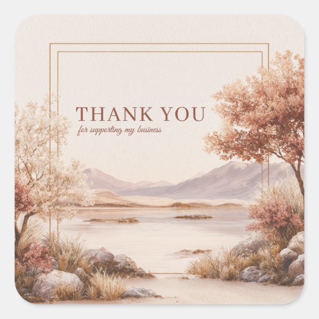 Sticker Carré Rustic Peach Landscape Lake Gold Frame Watercolor (Devant)