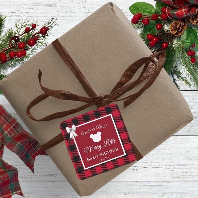 Sticker Carré Rustic Red Plaid Merry Little Baby Shower (Créateur téléchargé)