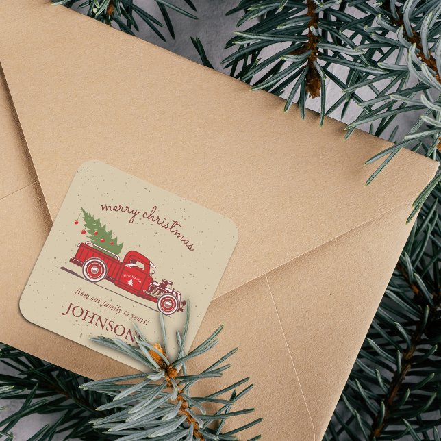 Sticker Carré Rustic Red Truck Tree Personnalisé (Rustic Red Truck Tree Personalized Square Sticker)