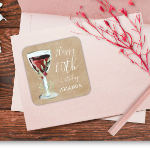 Sticker Carré Rustic Red Wine Rose aquarelle 60e anniversaire