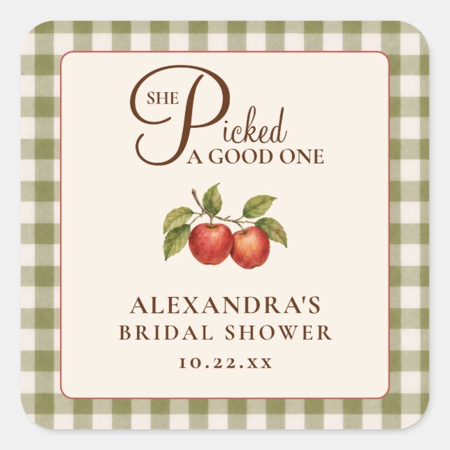 Sticker Carré Rustic Sage Green Gingham Apple Bridal Shower (Devant)