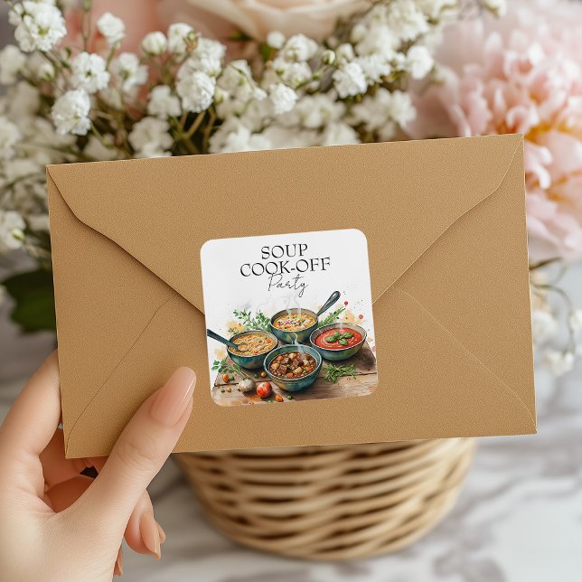 Sticker Carré Rustic Soup Cook-Off Potluck Party Watercolor (Créateur téléchargé)