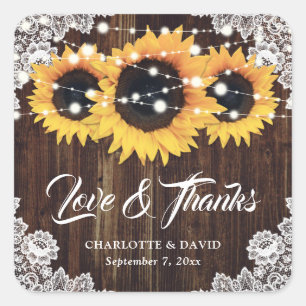 Sticker Carré Rustic Sunflower Wood Lace Wedding Thank You