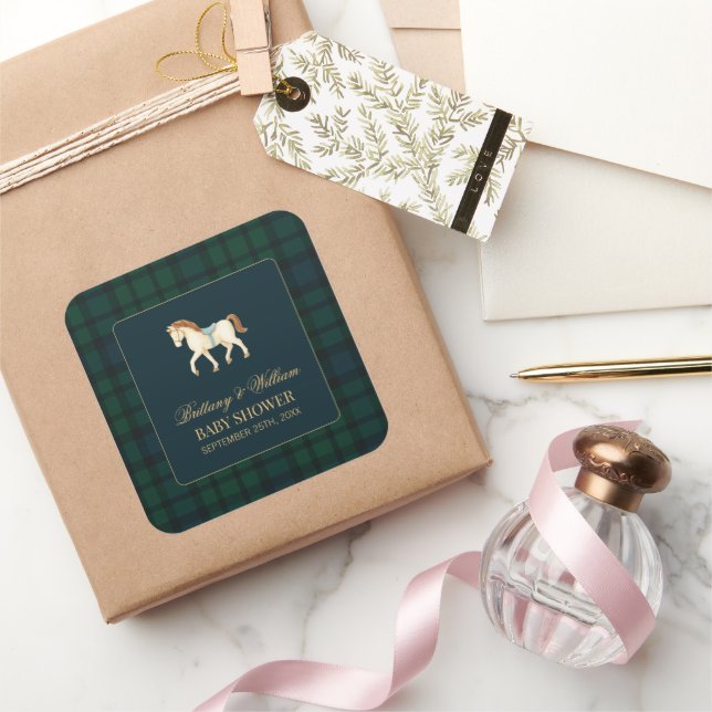 Sticker Carré Rustic Tartan Plaid Horse Baby Shower  (Cadeaux)