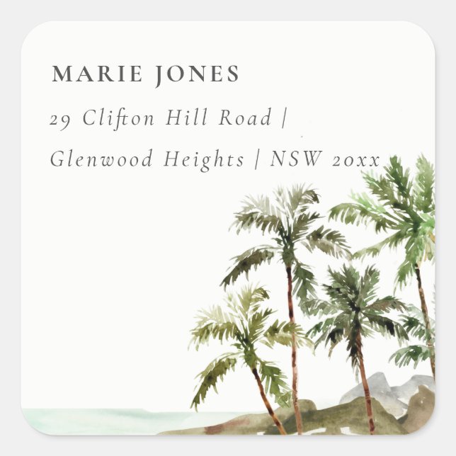 Sticker Carré Rustic Tropical Palm Tree Beach Sand Adresse (Devant)