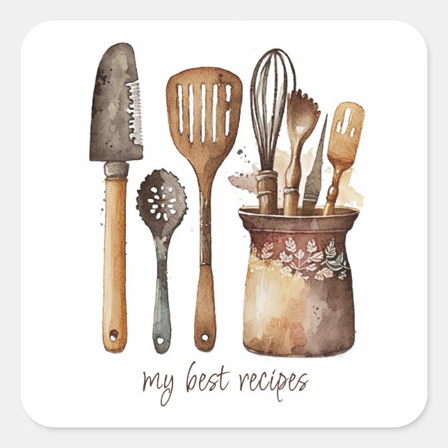 Sticker Carré Rustic Watercolor Kitchen Utensils Food Label (Devant)
