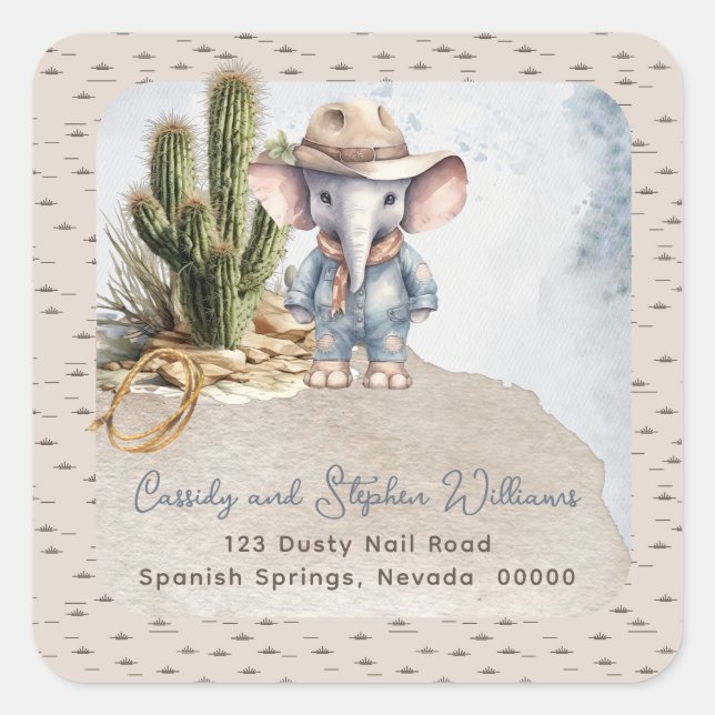 Sticker Carré Rustic Western Elephant Cowboy Adresse de retour (Devant)