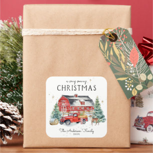 Sticker Carré Rustic Winter Grange Vintage Red Farmhouse Truck
