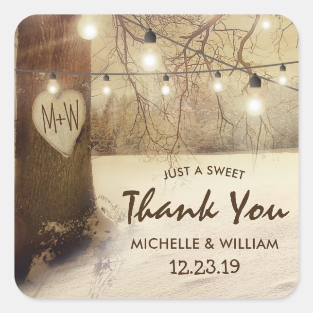 Sticker Carré Rustic Winter Tree Twinkle Mariage (Devant)