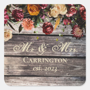 Sticker Carré Rustic Wood Floral Mr & Mrs Mariage