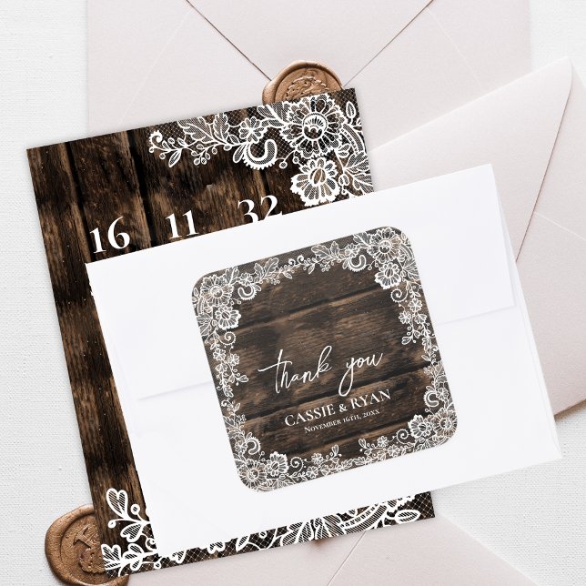 Sticker Carré Rustic Wood Lace Floral Wedding Thank You (Rustic Wood Lace Floral Wedding Thank You Square Sticker)