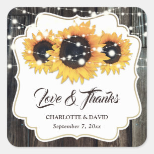 Sticker Carré Rustic Wood Sunflower Love et Merci Mariage