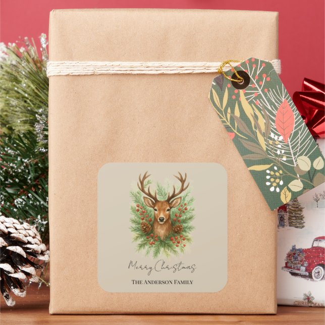 Sticker Carré Rustic Woodland Deer Head with Winter Foliage -  (vacances)