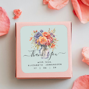 Sticker Carré Rustique Aquarelle Fleurs Sauvages Mason Jar Merci