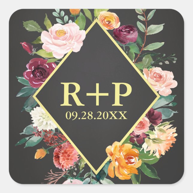 Sticker Carré Rustique Automne Chalkboard Floral Mariage (Devant)