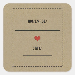 Sticker Carré Rustique Brown Kraft Red Heart Jar de canne fait m