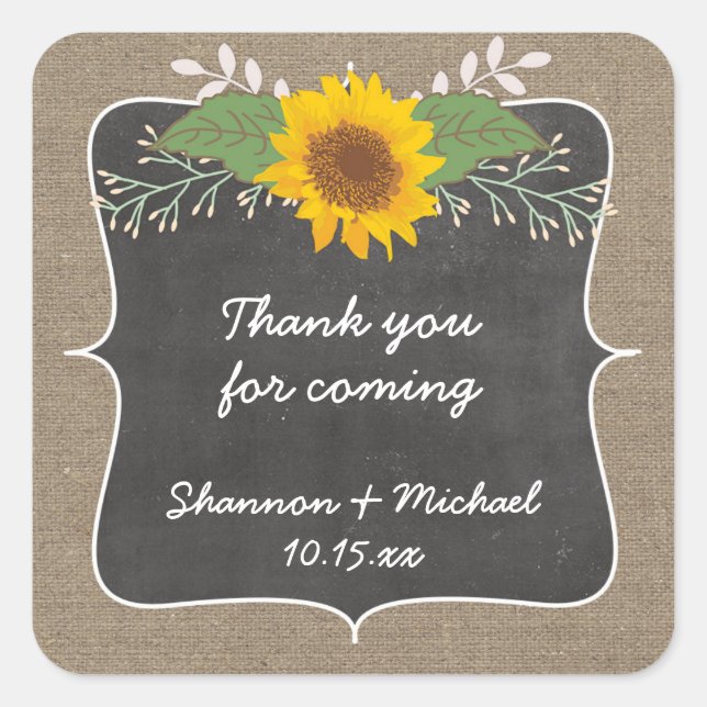 Sticker Carré Rustique Burlap Sunflower mariage faveur autocolla (Devant)