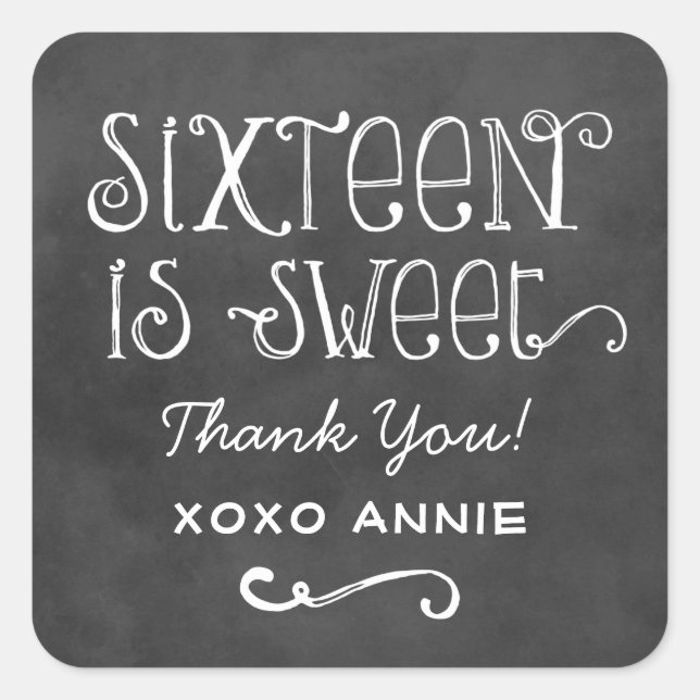 Sticker Carré Rustique Chalkboard Script Sixteen est Sweet Birth (Devant)